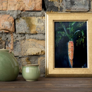 Peinture originale d'art de carotte, peinture à l'huile de nature morte végétale miniature, art de cuisine de campagne française 6 x 4 image 4