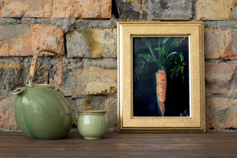 Peinture originale d'art de carotte, peinture à l'huile de nature morte végétale miniature, art de cuisine de campagne française 6 x 4 image 4