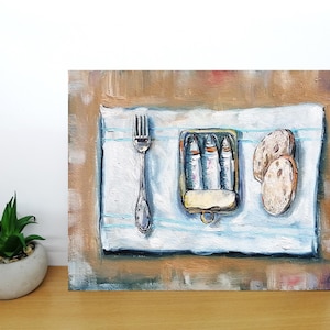 Sardine art original painting Sardines still life oil painting miniature French country kitchen art 4x6 #2 8x10 inch panel