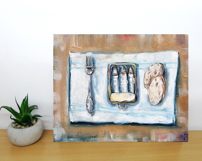 Sardine art original painting Sardines still life oil painting miniature French country kitchen art 4x6 #2 8x10 inch panel