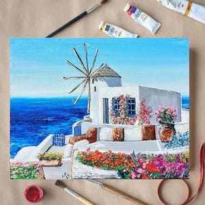 Santorini oil painting of Greece original Greek coast beach painting Santorini seascape art minimalist wall art 11x14