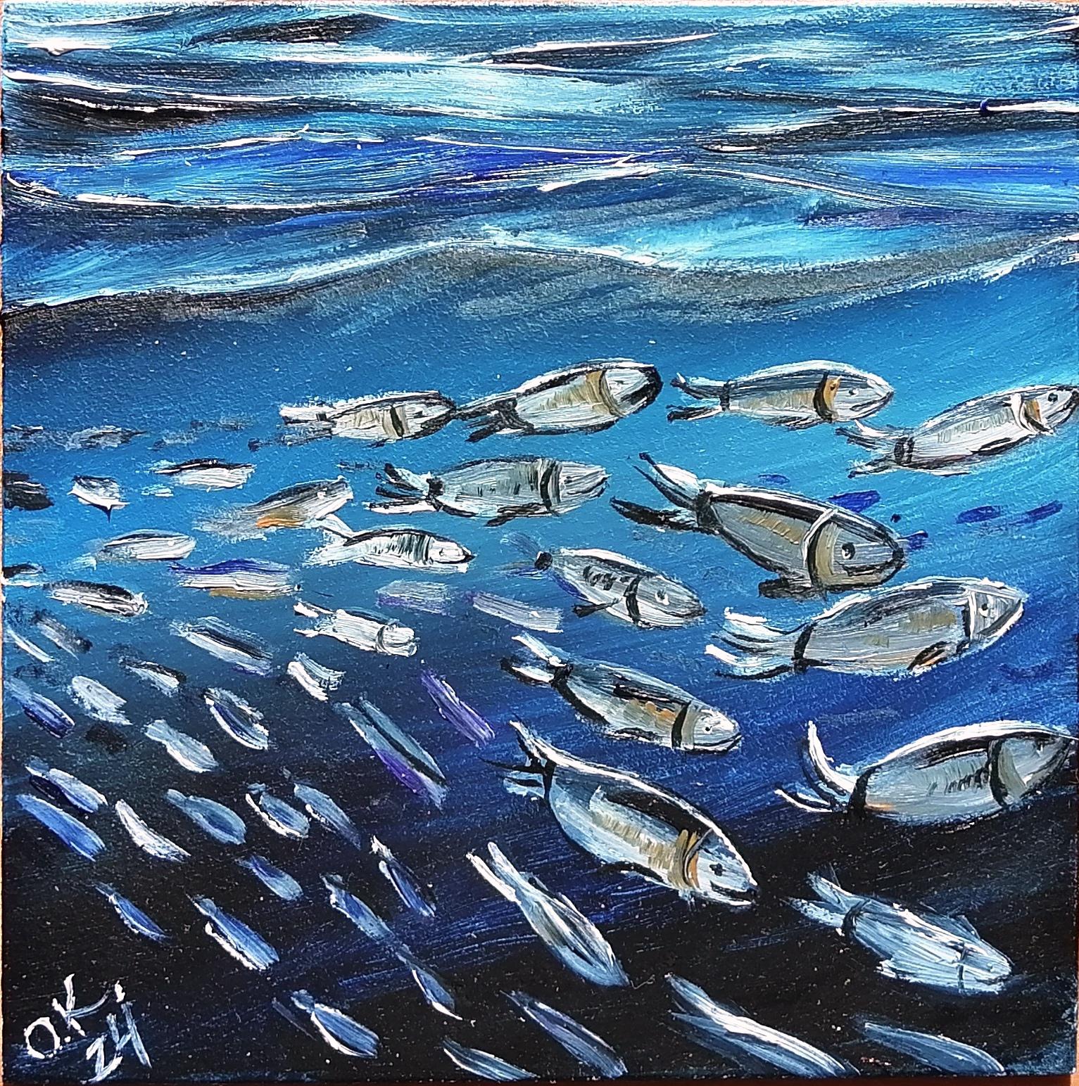 Sardine art original painting Sardines fish oil painting water surface miniature art ocean wave painting surf art dark blue wall art 6x6
