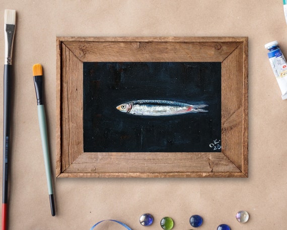 Sardine art original painting Sardines still life oil painting miniature Anchovy fish painting French country kitchen art 4x6