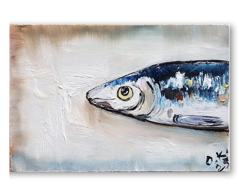 Sardine art original painting Sardines still life oil painting miniature French country kitchen art 4x6 #2 4x6 inch panel