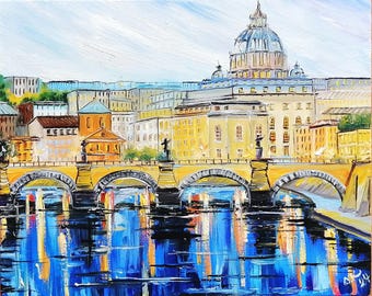 Rome Italy Oil Painting Original Sunset Cityscape European Wall Art 8x10
