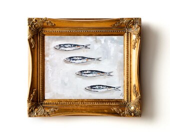 Four Sardines Oil Painting Original French Kitchen Sardine Still Life Art 8x10