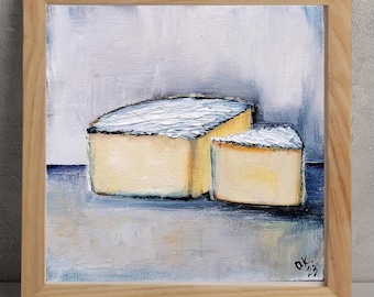 Fromage nature morte, peinture à l'huile, cuisine originale, décoration de ferme, 6 x 6