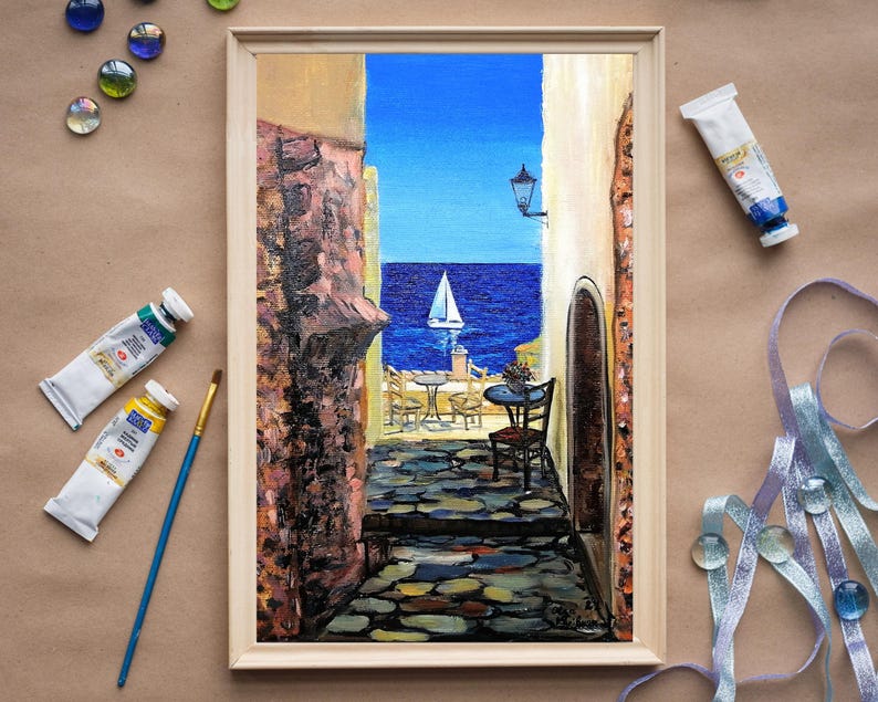 Santorini Greece Oil Painting on Canvas Original Greek Island Art, 11.8x7.9" image 19
