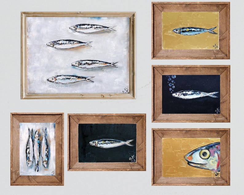 Sardine art original painting Sardines still life oil painting miniature French country kitchen art 4x6 image 13
