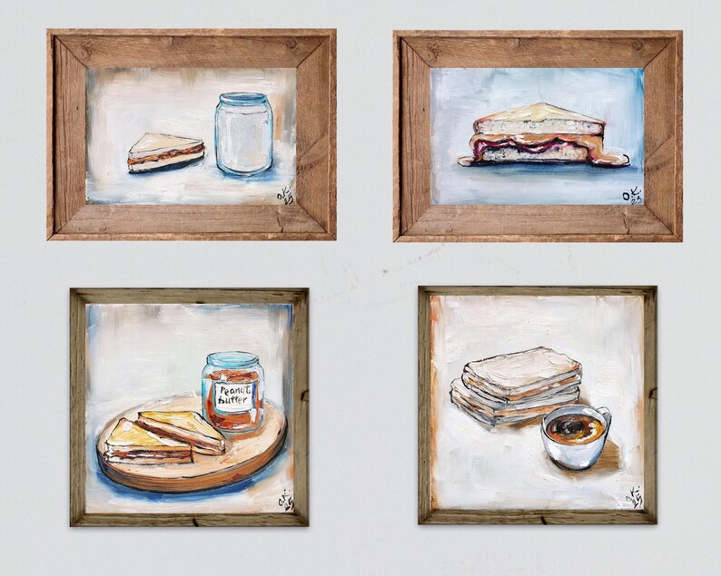 May include: Four framed paintings depicting breakfast scenes. One shows a peanut butter sandwich and a jar. Another shows a peanut butter and jelly sandwich. The third shows a jar of peanut butter and two sandwiches on a wooden board. The last shows a stack of toast and a cup of coffee.