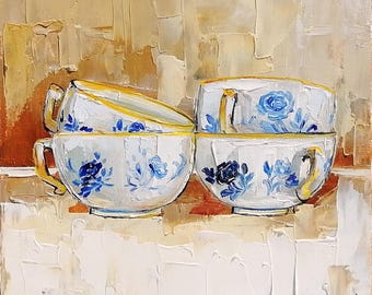 Chinoiserie Tea Cup Oil Painting: Vintage Kitchen Still Life Art, 6x6