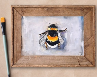 Bee art oil painting original art miniature still life Small oil painting moody honeybee wall art farmhouse kitchen decor 4x6