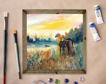 Horse Oil Painting Original Equestrian Farm Animal Sunset River Landscape Art, 8x8