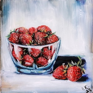 Fraise peinture art miniature original petite nature morte peinture à l'huile fruits art mural fraise décor cuisine minimaliste art 8 x 8
