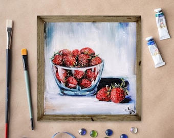 Strawberry Oil Painting Original Fruit Still Life Kitchen Wall Art Farmhouse Decor 8x8