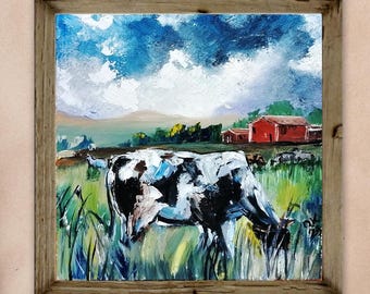 Cow Pastoral Landscape Oil Painting Original Small Farmhouse Decor Art 6x6