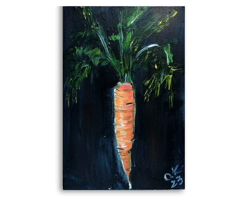 Peinture originale d'art de carotte, peinture à l'huile de nature morte végétale miniature, art de cuisine de campagne française 6 x 4 Oil painting