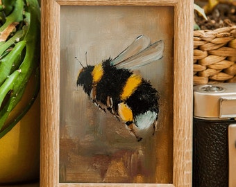 Honey bee painting original miniature art Vintage still life oil painting moody bee wall art farmhouse kitchen wall art french country decor