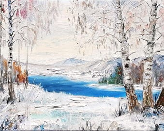 Birch Tree Oil Painting Original Winter Landscape Art Small Canvas 8x12
