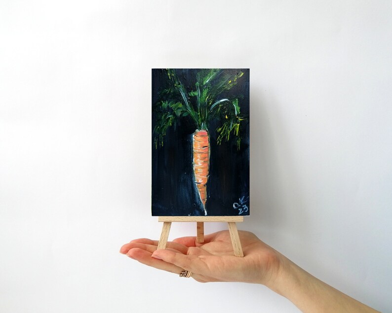 Peinture originale d'art de carotte, peinture à l'huile de nature morte végétale miniature, art de cuisine de campagne française 6 x 4 image 5