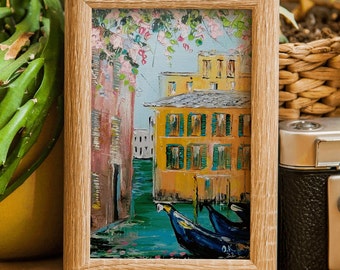 Peinture originale de Venise, art italien, petite peinture à l'huile italienne, art mural empâtement, peinture sur canal de Venise, oeuvre de gondole 6 x 4