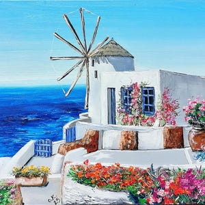 Santorini oil painting of Greece original Greek coast beach painting Santorini seascape art minimalist wall art 11x14