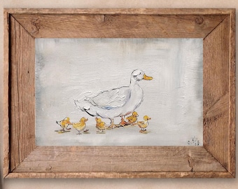 Miniature Duck with Ducklings Oil Painting: Vintage Farmhouse Decor 4x6