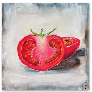 Tomato oil painting original miniature art Small still life oil painting vegetable wall art farmhouse kitchen food art moody painting 4x6 6x6 inch panel
