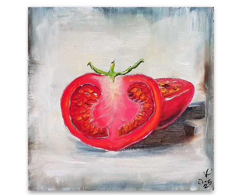 Tomato oil painting original miniature art Small still life oil painting vegetable wall art farmhouse kitchen food art moody painting 4x6 6x6 inch panel