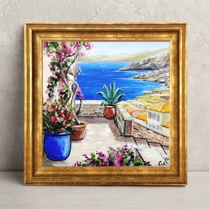 Sorrento Painting Italy Original Art Italian Window with Flowers Oil Painting Impasto Wall Art Landscape Artwork miniature art