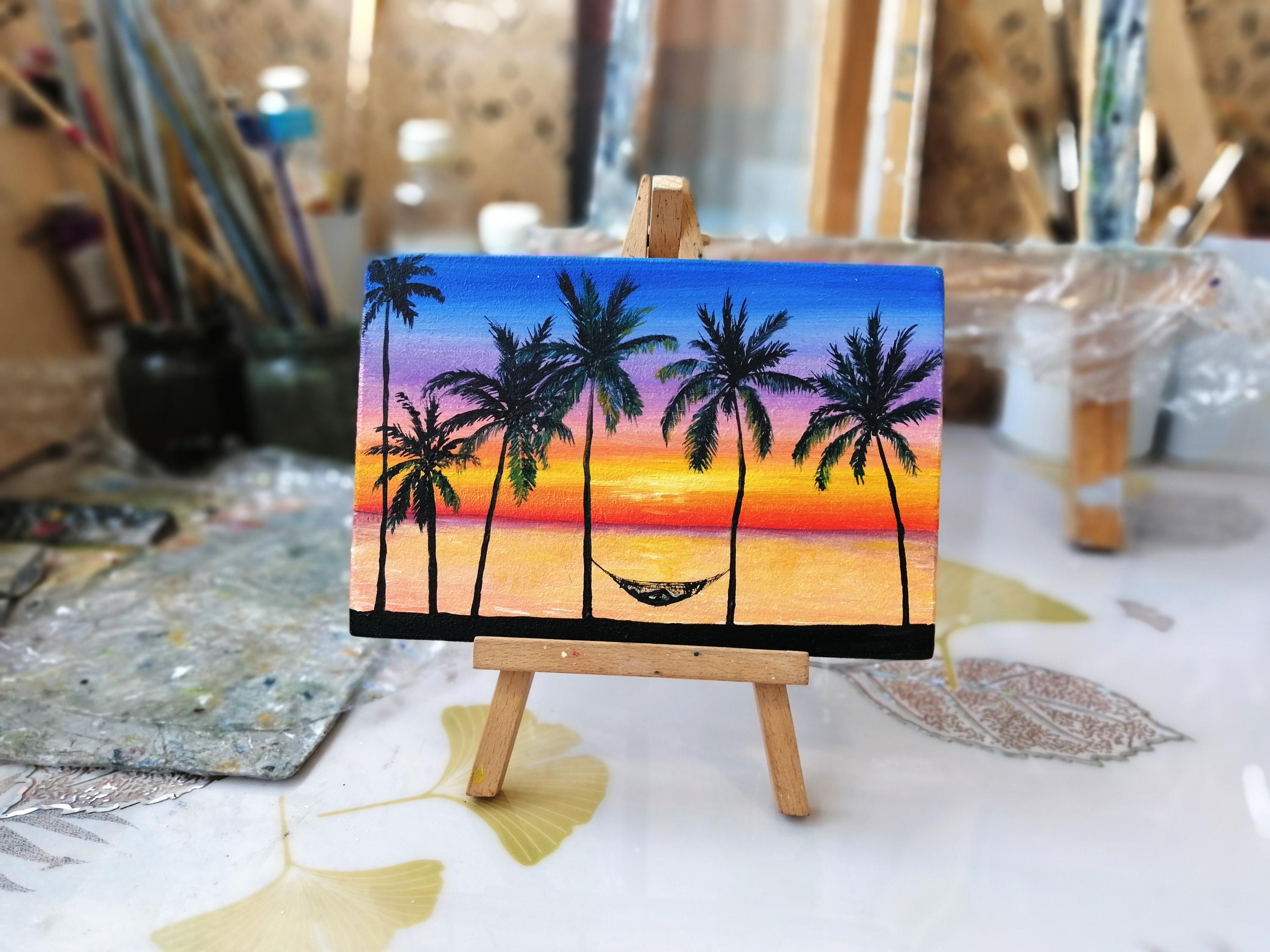 Palm Tree Oil Painting Original Sunset Art Travel Vacation Tropical ...