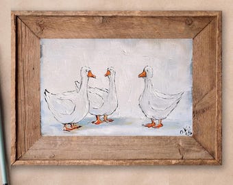 Vintage Geese Painting Original Miniature Kitchen Art, Cottagecore Decor 4x6