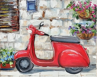 Italian Red Scooter Oil Painting Original Rome Italy Cityscape Art 8x8