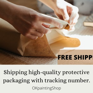 May include: A person is carefully packaging a product in brown paper. The package is being secured with tape. The text "FREE SHIPPING" is visible in the image.  Shipping high-quality protective packaging with tracking number. OKpaintingShop