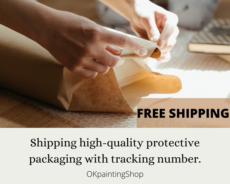 May include: A person is carefully packaging a product in brown paper. The package is being secured with tape. The text "FREE SHIPPING" is visible in the image.  Shipping high-quality protective packaging with tracking number. OKpaintingShop