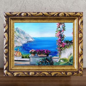 Amalfi Coast Painting Italy Original Art Flowers Painting Italian Oil Painting Italy Wall Art Mediterranean Seascape Artwork 8 by 12