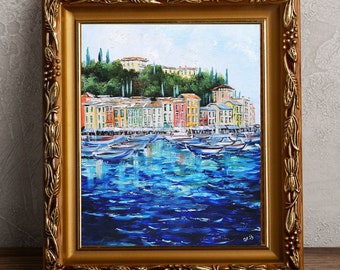 Peinture originale d'art de Portofino Italie peinture à l'huile oeuvre de paysage marin italien Italie cadeaux décor méditerranéen 11 x 14