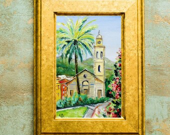 Portofino painting original Italy art Small Italian oil painting impasto wall art Italian church painting Portofino artwork 6x4