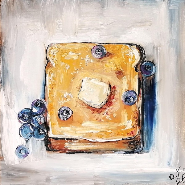 French Toast Oil Painting Original Blueberry Food Breakfast Farmhouse Kitchen Still Life Art 6x6