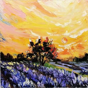 Tuscany Lavender Field Oil Painting: Italy Countryside Landscape Art 6x6