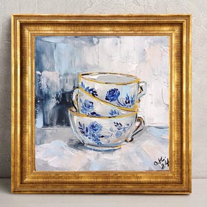 Tea cup painting original art Vintage still life oil painting muted kitchen breakfast painting french farmhouse decor 6x6