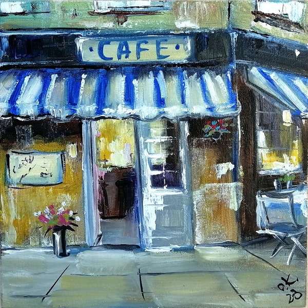 Paris painting french cafe original painting Small France oil painting impasto cityscape wall art european city travel art 6x6