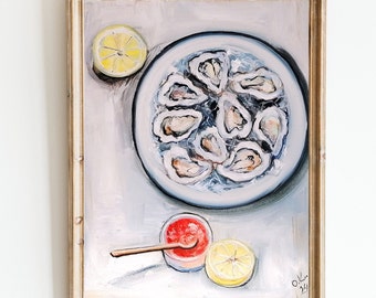 Oyster art peinture originale Huîtres nature morte peinture à l’huile fruits de mer Français art de cuisine de campagne 10x8