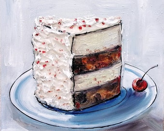 Cake Oil Painting Original Moody Still Life Dessert Art Food Kitchen Decor 6x6