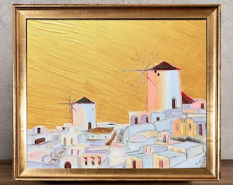 Santorini Golden Sunset Oil Painting Original Greek Seascape Art Gold Minimalist Decor 11x14