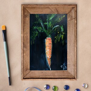 Peinture originale d'art de carotte, peinture à l'huile de nature morte végétale miniature, art de cuisine de campagne française 6 x 4 image 2