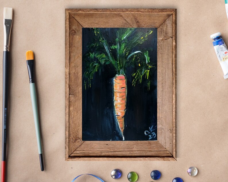 Peinture originale d'art de carotte, peinture à l'huile de nature morte végétale miniature, art de cuisine de campagne française 6 x 4 image 2
