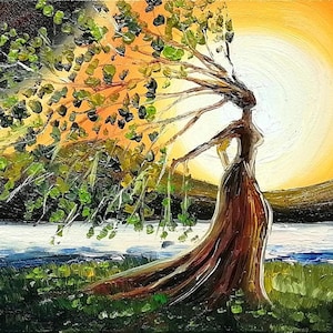 Mother earth painting Tree of life oil painting Goddess painting framed Earth goddess wall art 4x6