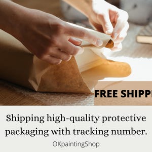 May include: A person is packaging a product in brown paper. The package is being sealed with tape. The text 'FREE SHIPPING' is visible on the package. The text 'Shipping high-quality protective packaging with tracking number. OKpaintingShop' is visible below the image. Mallard duck painting original miniature art Vintage duck oil painting farmhouse kitchen wall art country decor duck hunting gift 4x6