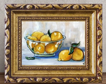 Peinture originale d'art de citron Citrons nature morte peinture à l'huile petite peinture d'agrumes Art de cuisine de campagne française 8 x 12